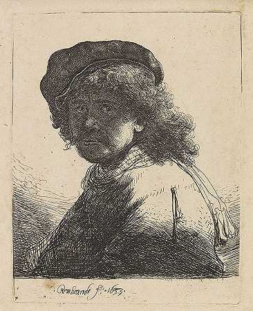 戴帽子和围巾的自画像，1633年。-哈曼森·伦勃兰特·范·里恩