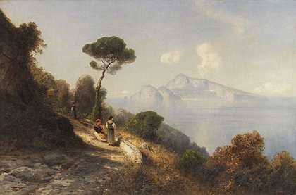 意大利海岸景观，背景是卡普里山脉，约1870年。-阿斯坎·卢特罗斯