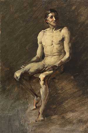 1855年，裸体男性坐着。-威廉·布施