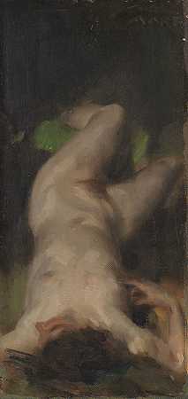 裸体躺在绿色布上的女性，约1880-1920年。-卡尔·冯·马尔