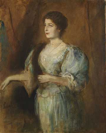 1900年，一位女士的肖像，戴着珍珠项链和毛皮被盗。-法兰兹·冯·伦巴赫