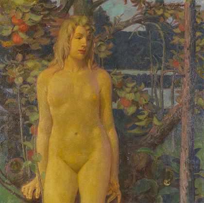 1900年左右，裸体女性站在花园里。-埃里希·埃勒