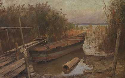 芦苇中的渔船，大约1910年。-卡尔·劳普
