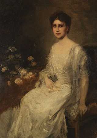 1907年，穿着白色连衣裙的坐着女士。-弗里德里希·奥古斯特·冯·考尔巴赫