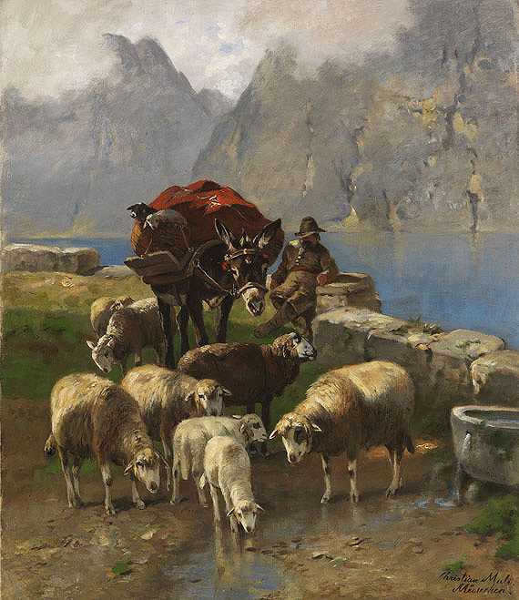 大约1902/1904年，高山湖边的绵羊和牧羊人。-克里斯蒂安·马里
