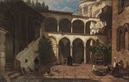 罗马修道院庭院，约1860-1890年。-朱利叶斯·齐尔克（齐尔克）