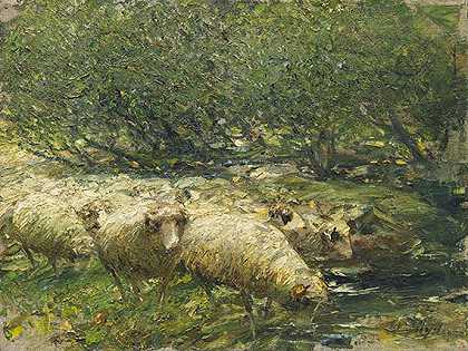 1897年，一群羊在树荫下的小溪边。-海因里希·冯·苏格尔