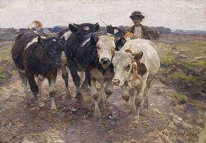 1910年，牧羊人带着小牛。-海因里希·冯·苏格尔