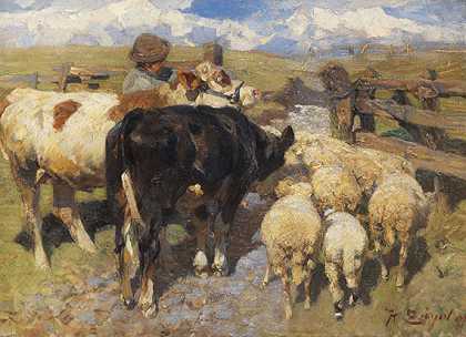 门口的牛羊，1897年。-海因里希·冯·苏格尔