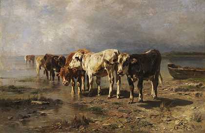 湖岸上的奶牛，1889年。-安东·布雷思