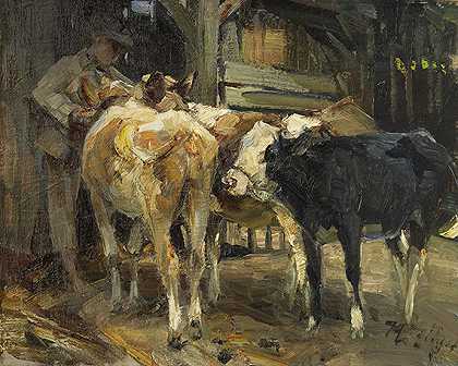1920年，马厩前的奶牛。-海因里希·冯·苏格尔
