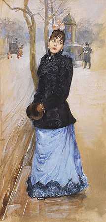 1886年左右，戴着围巾的女士。-弗朗茨·斯卡尔比纳