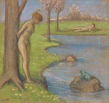 1900年左右，青蛙池塘的春天风景。-路德维希·冯·霍夫曼