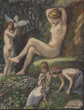1900年左右，沐浴者和花童的春天田园诗。-路德维希·冯·霍夫曼