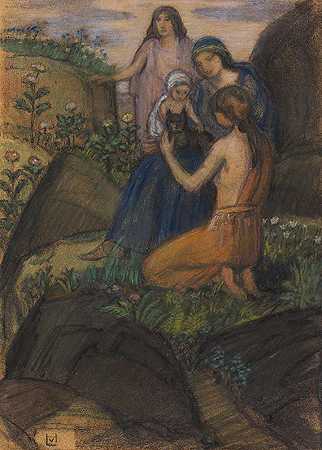 1900年左右，阿卡迪亚景观中的妇女和孩子。-路德维希·冯·霍夫曼