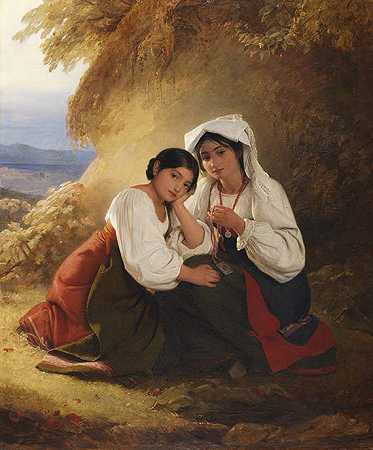 两个穿阿尔巴尼亚服装的女孩，1838年。-八月里德尔