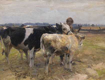 1913年，牧羊人带着三头小牛。-海因里希·冯·苏格尔