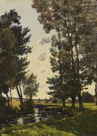 河流景观，1889年。-亨利·约瑟夫·哈皮涅斯
