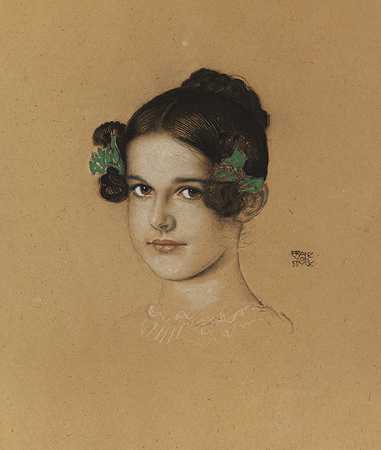 带绿色蝴蝶结的女儿玛丽的肖像，约1913年。-法兰兹·斯托克