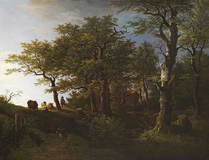 有牛和牧羊人的浅色森林景观，1807年。-马克斯·约瑟夫·瓦根鲍尔