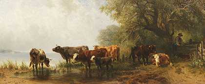 湖边的奶牛，1870年。-弗里德里希·沃尔茨