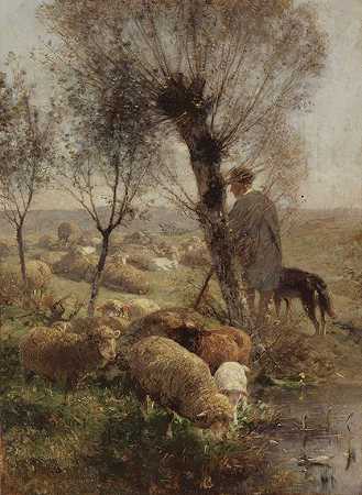 1890年水井，在水边的柳树下与狗牧羊。-海因里希·冯·苏格尔