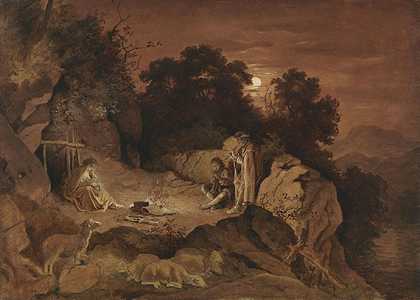 火旁的牧羊人（傍晚景观），约1861年。-路德维希·里克特