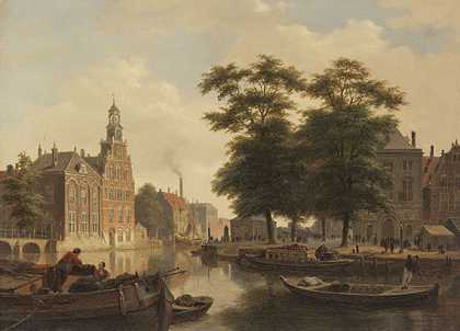 夏日城市景观，大概在1840年。-巴塞罗缪斯·约翰内斯·范·霍夫