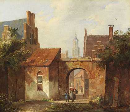 有拱门的荷兰小镇，大概在1860年左右。-科内利斯·斯普林格