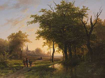 带池塘的森林景观，1837年。-约翰·伯恩哈德·科伦贝克