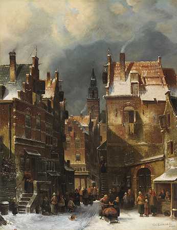 冬季城市景观，1839年。-查尔斯·莱克特