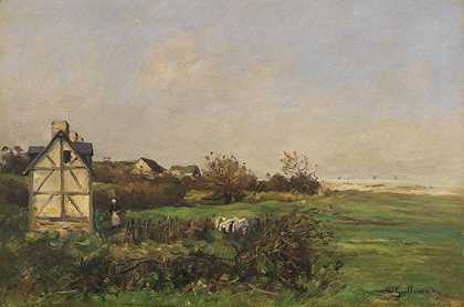 1890年，半木结构房屋和农妇的景观。-让-巴蒂斯特·安托万·吉列梅特