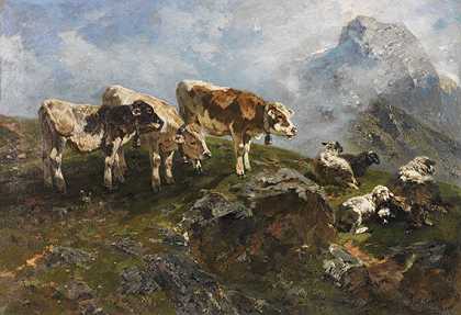 高山上的小牛和绵羊，1904年。-安东·布雷思