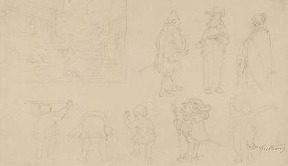 第二层：一位年轻女士的全貌肖像，带着一件披肩。1855年左右，一张8人草图，包括侏儒，以及带有大门、房子、狗和树的花园构图。-卡尔·施皮茨韦格
