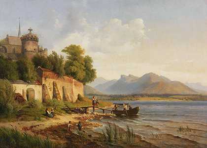 1838年，意大利上海岸景观和人物杖。-路易斯·古利特