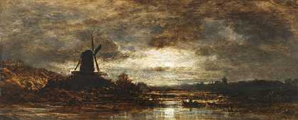 1855年左右，月光下有磨坊的荷兰河流景观。-爱德华·施莱希。