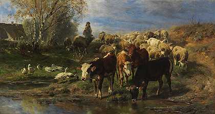 1877年，牧羊女与牛、羊和鹅。-安东·布雷思