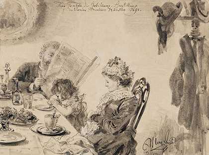 早餐时间（家庭在咖啡馆），1891年。-阿道夫·门采尔