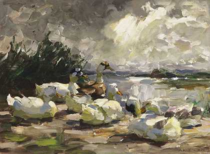 岸上的鸭子（良好的云层氛围），1914年。-亚历山大·科斯特
