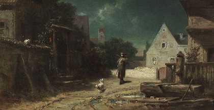 月光下的守夜人，狗和猫，大约1870年。-卡尔·施皮茨韦格