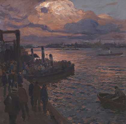 1900年左右，夜色中的汉堡港。-弗里德里希·卡尔摩根