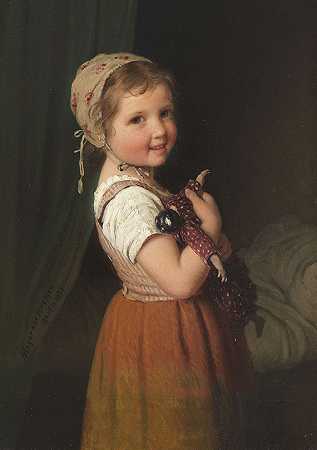 晚安（抱娃娃的女孩），1875年。-不来梅的约翰·格奥尔格·迈耶