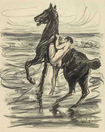 海滩上裸体骑手（水彩）。因此：带有8个Bll的文件夹。图纸/图形，1907年。-马克斯·利伯曼