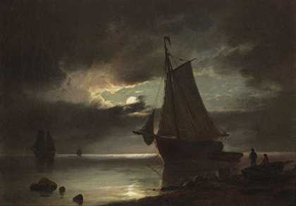 1850年海岸上的月光。-卡尔·卢德维格·比尔