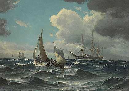 1880年左右，渔船和轮船在海上移动。-维勒姆图像