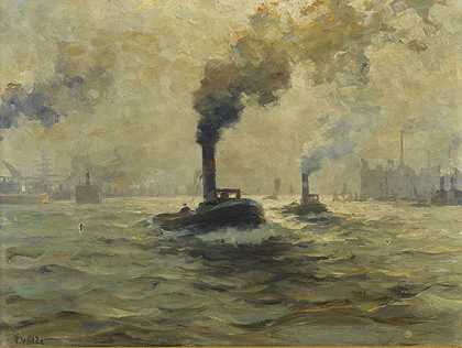 汉堡港的两艘蒸汽拖船，约1920年。-保罗·沃尔德