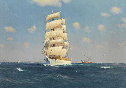 沃尔1930年弗伦斯堡峡湾的白色帆船和红色灯船。-罗伯特·施密特汉堡