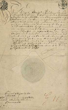证书（如适用）（命令德拉莫特少将），1740年。-弗里德里希二世。伟大的