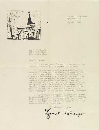 写给F.W.Drost的木刻信，1936年。-利奥尼·费宁格
