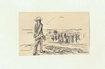 1910年，《海滩上》（署名原版墨笔画）。-马克斯·利伯曼